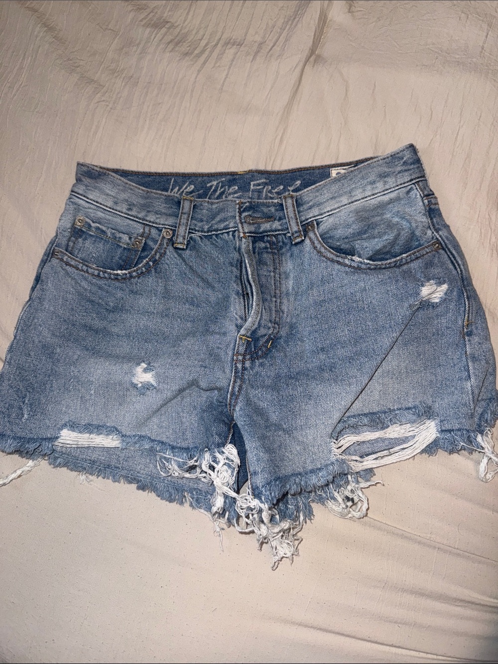 Free People Light Blue Distressed Denim Shorts